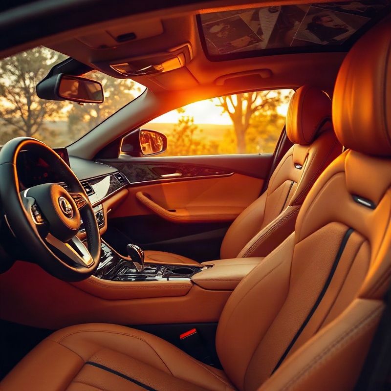 Interior de coche premium con asientos de piel ámbar dorado y cuadro digital