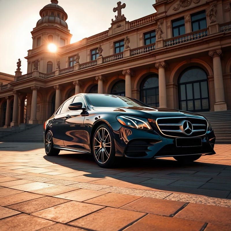 Mercedes-Benz Clase E negro delante del Palacio Euskalduna al atardecer
