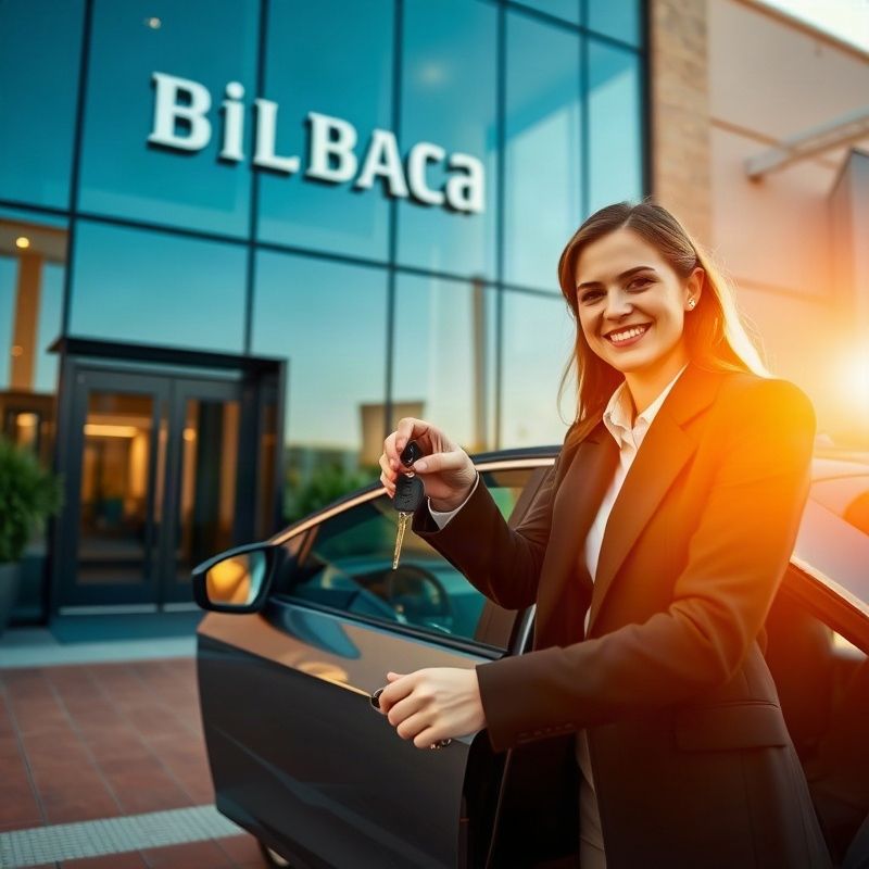 Profesional recibiendo las llaves de un coche frente a una oficina de Bilbao