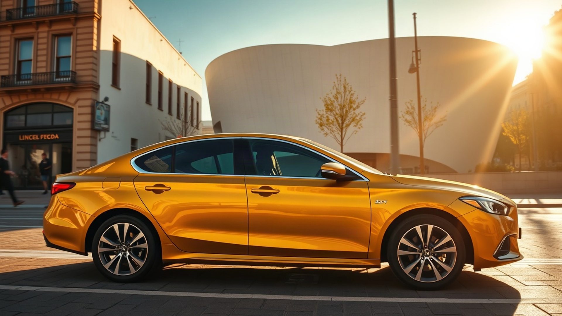 Berlina en tono ámbar dorado en una calle soleada de Bilbao