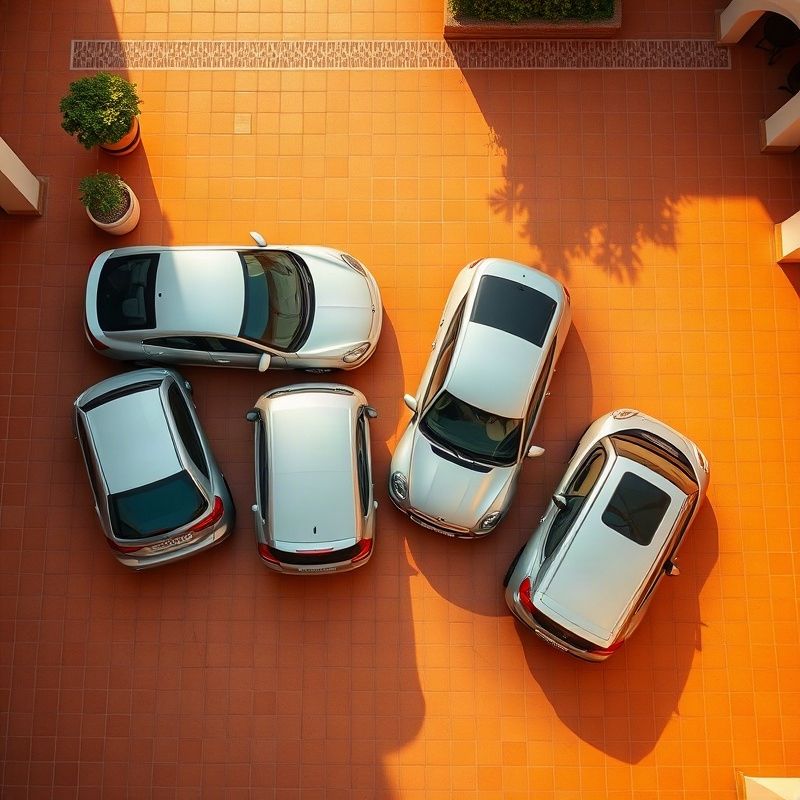 Vista cenital de cuatro coches de alquiler alineados en un patio